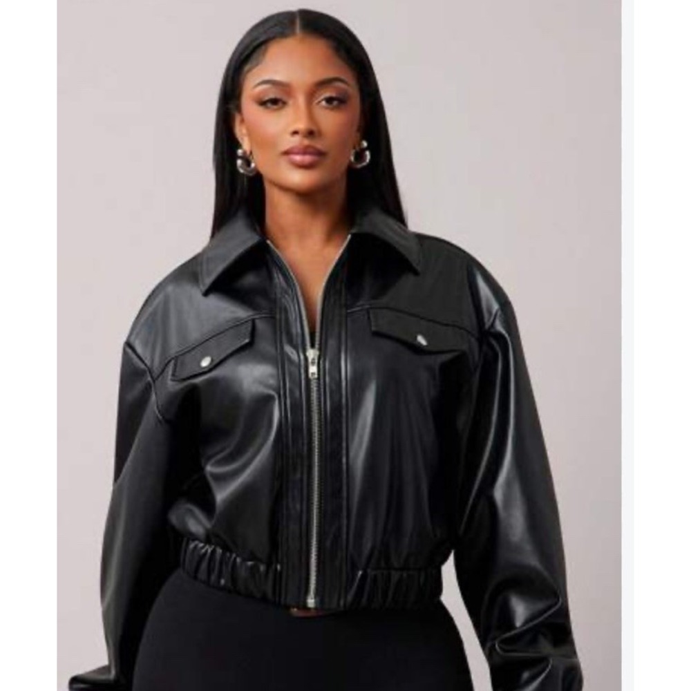 DAZY Faux Black Leather Zip Up Crop Jacket NEW Size S